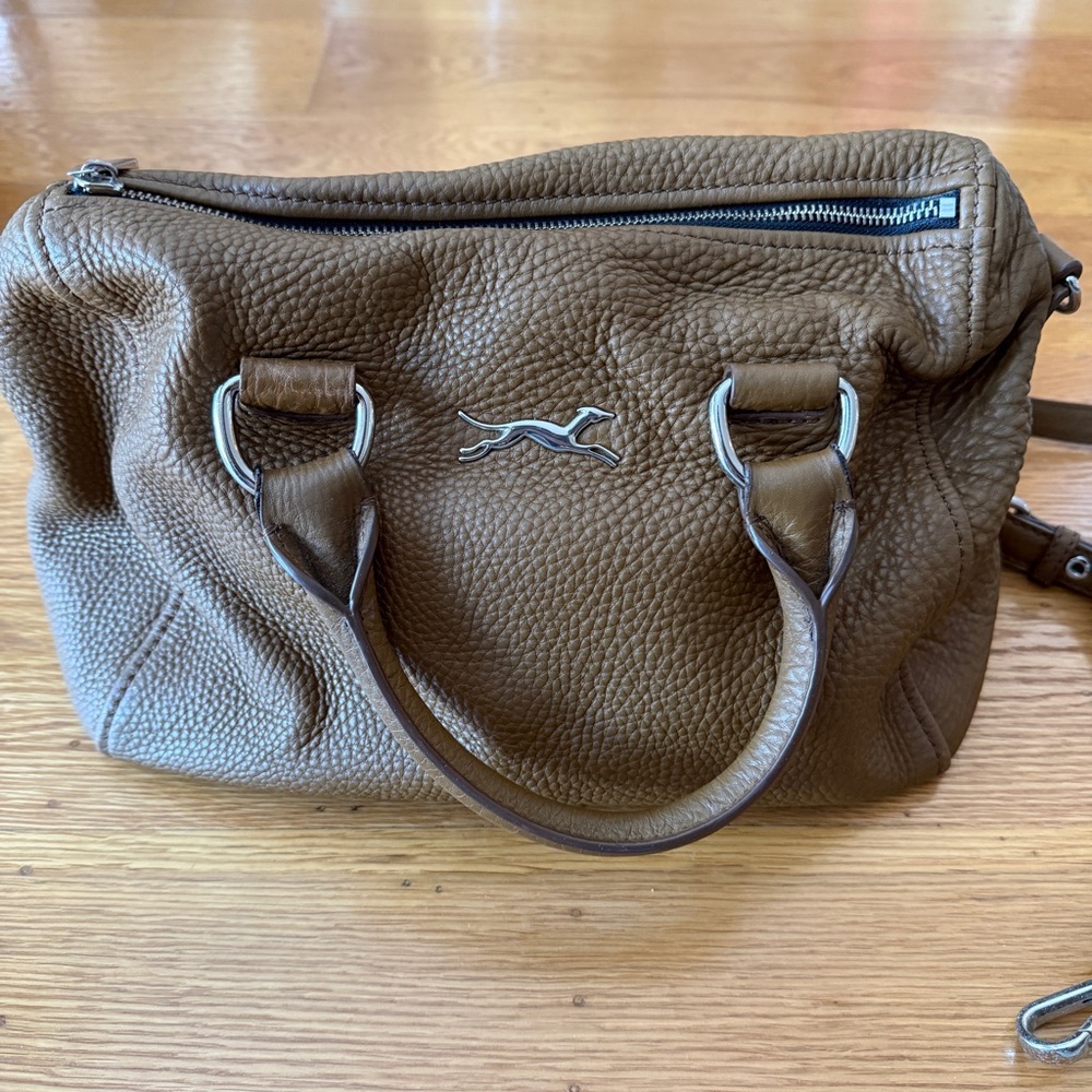 Bimba y Lola Brown Pebbled Leather Satchel with Greyhound Logo